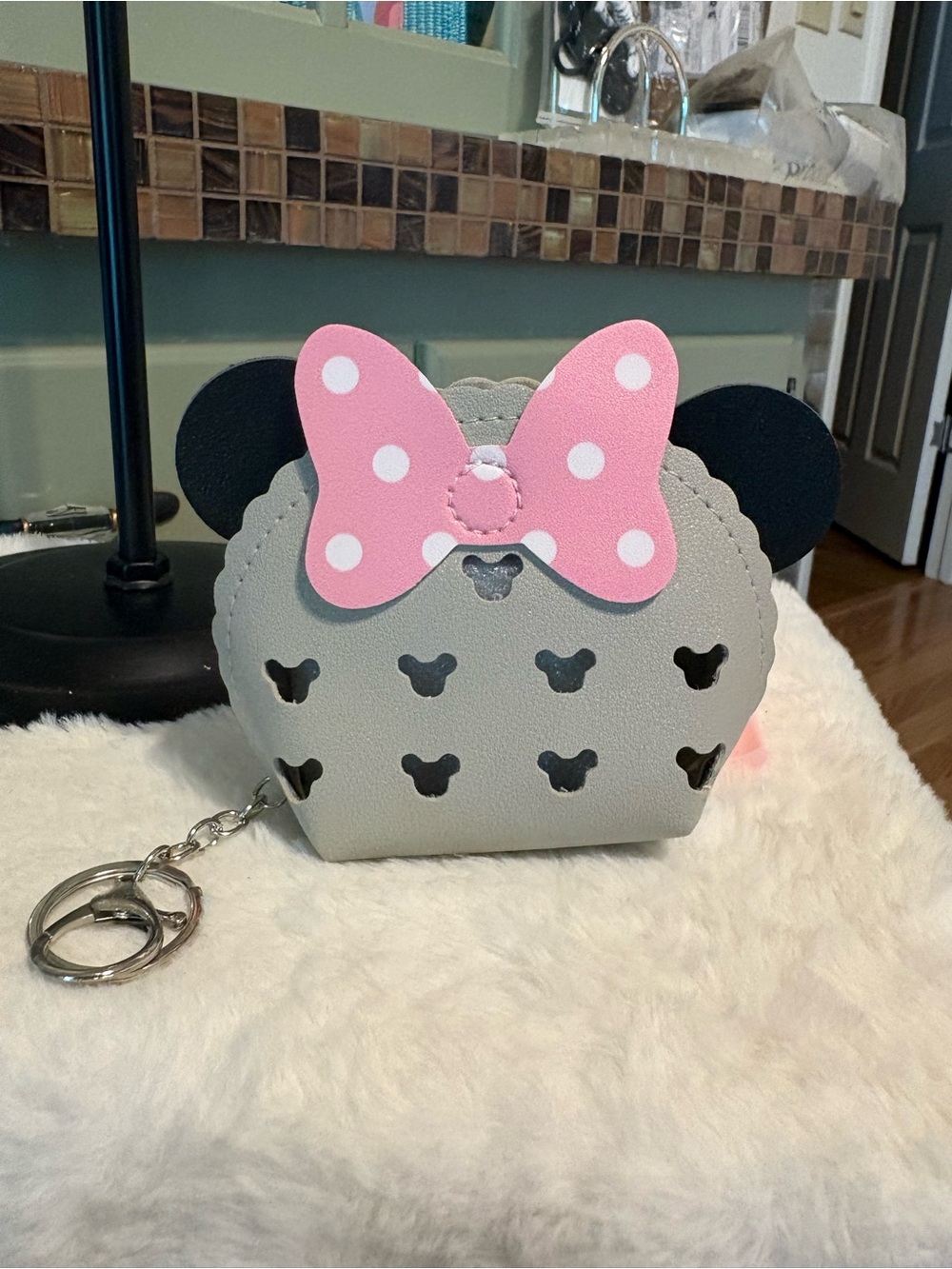 Gray and Pink Bow Coin Purse Keychain for Women